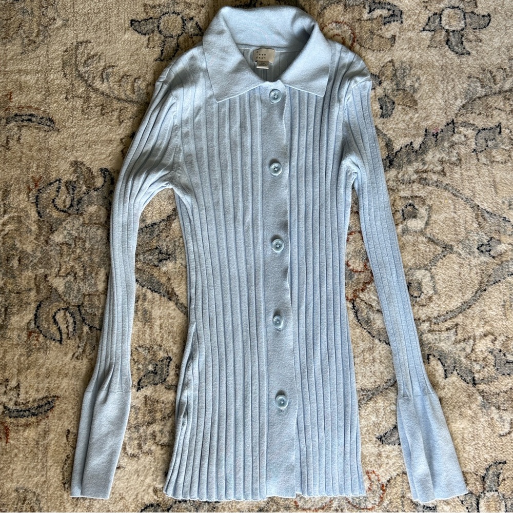 This is an A New Day women's ribbed collared cardigan in a light blue color